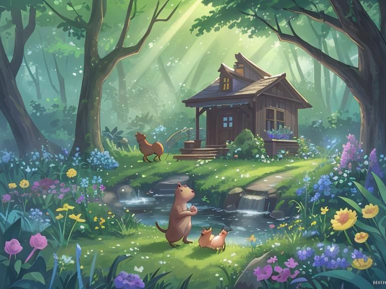 Enchanted Spring Garden with Foraging Creatures