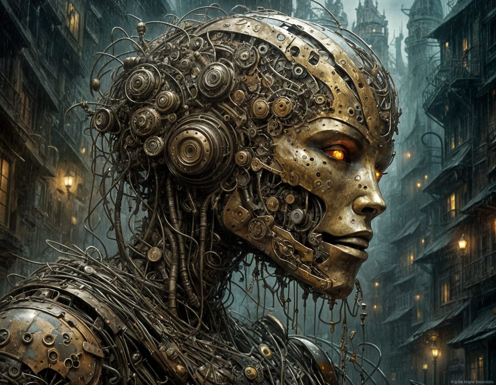 Steampunk Scrap Robot in the Rain