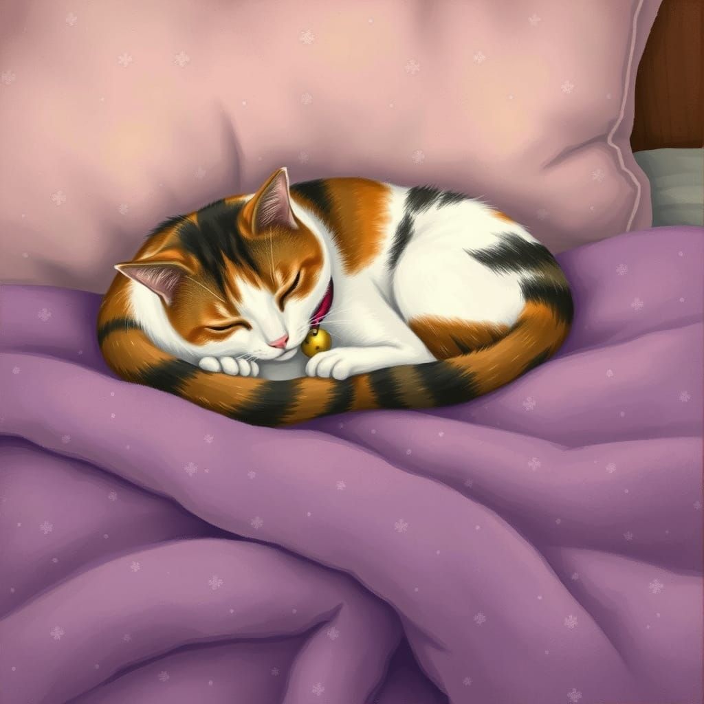 Calico Cat Nap on Purple Blanket