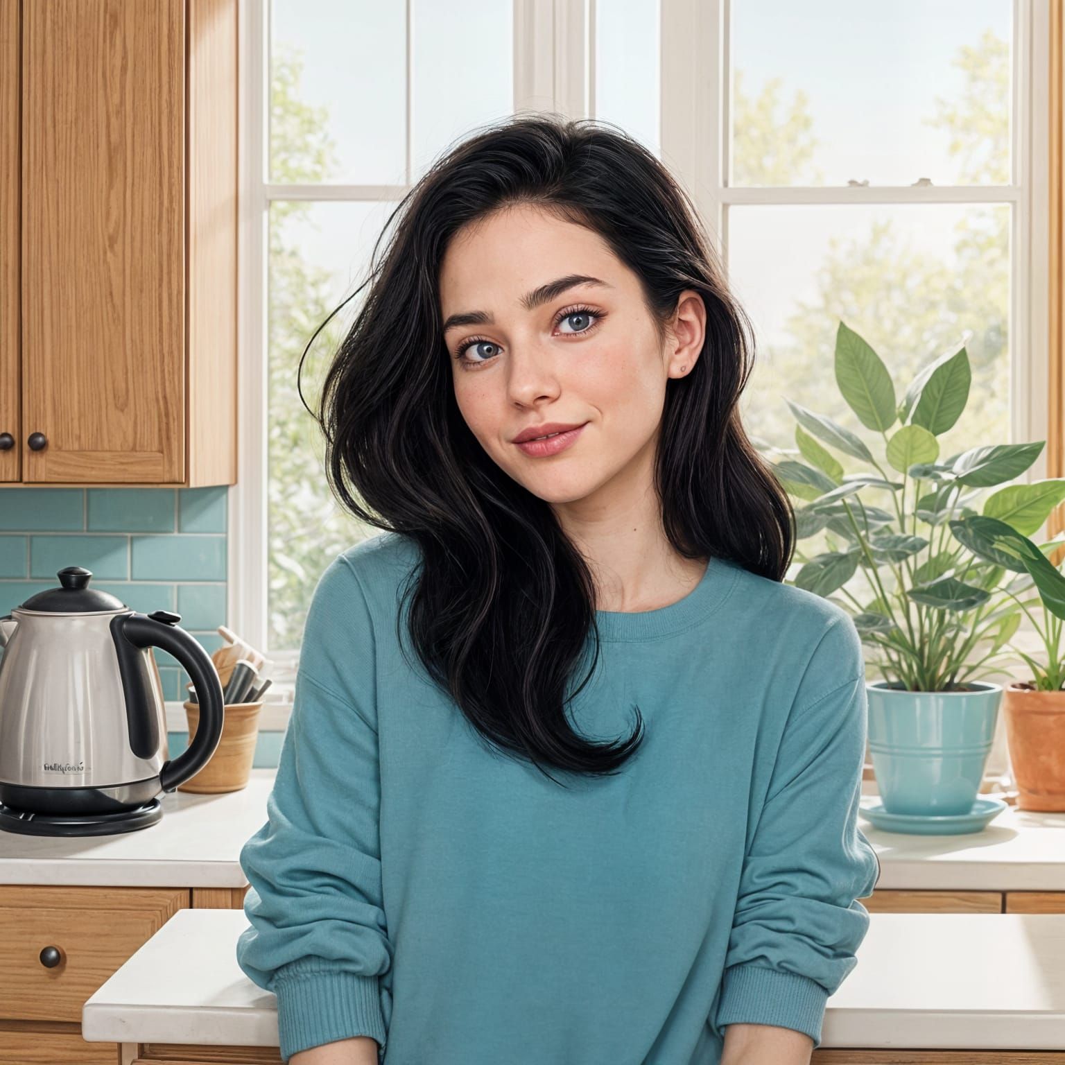 Young Woman in Cozy Kitchen, Cartoon Style Digital Art