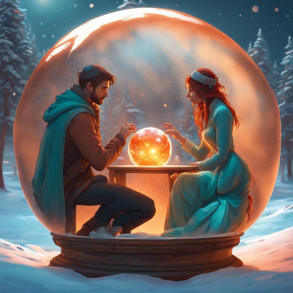 Lovers in Snowy Crystal Ball, Art Nouveau Style