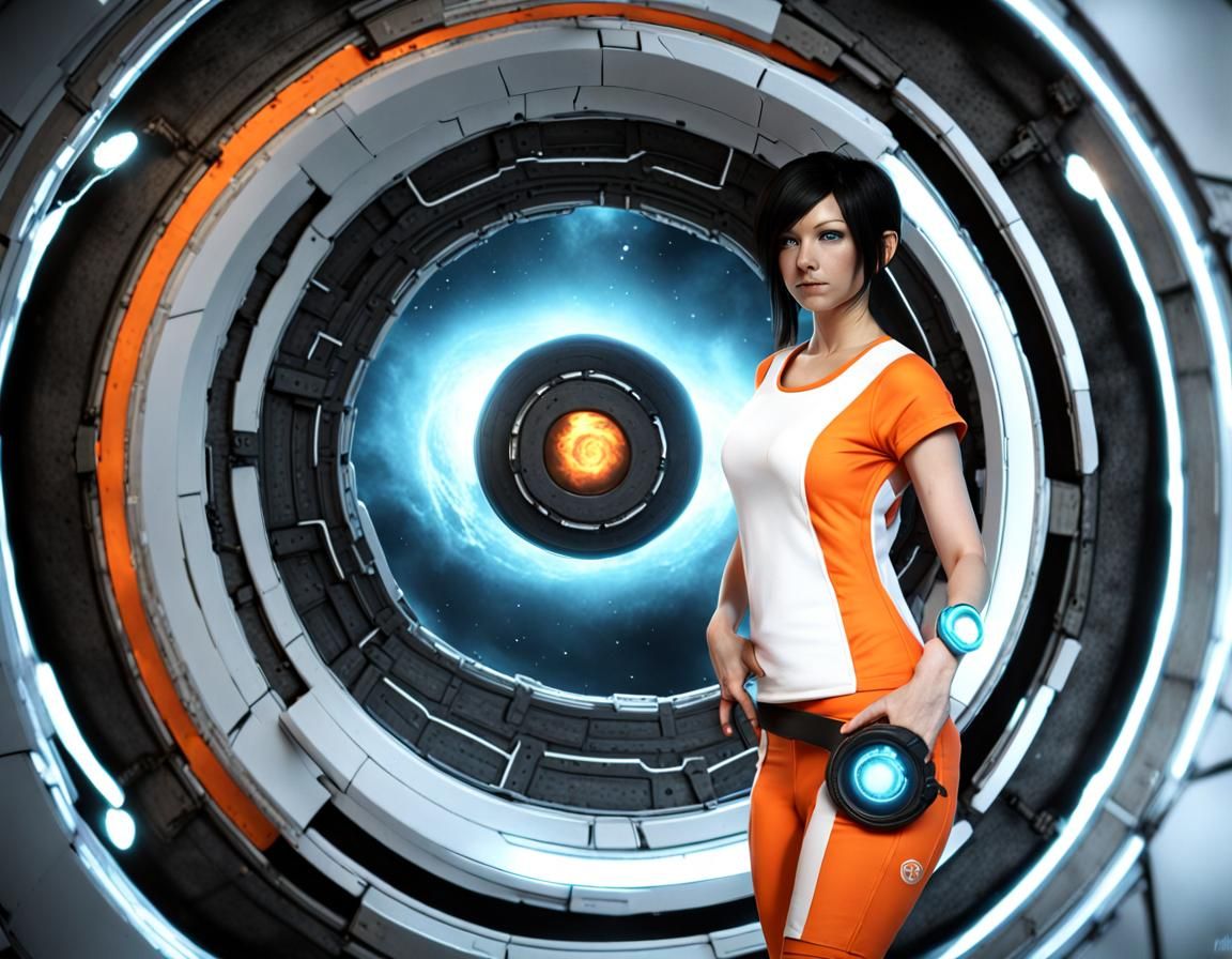 Chell from Portals Going Through a Futuristic Portal