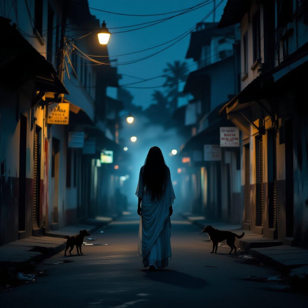 Haunting 1990s Bangalore Street Scene with Chudail Apparitio...