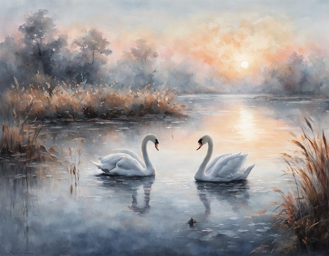 Swans Gliding on Misty Lake at Dawn