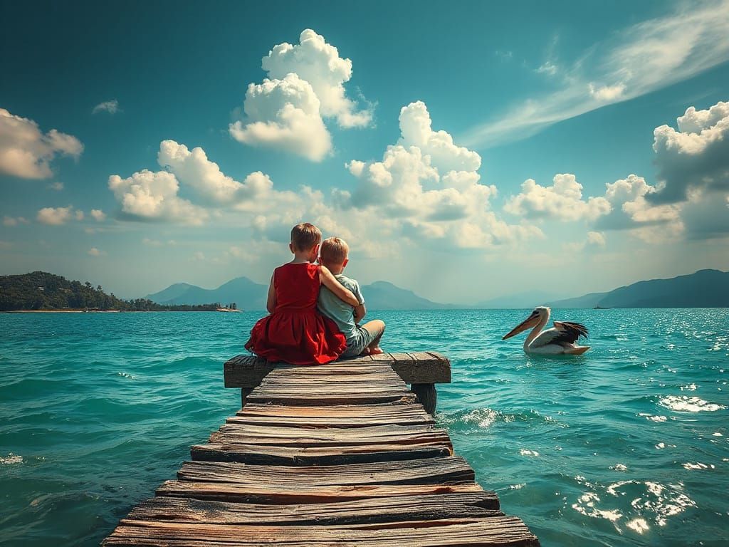 Ethereal Dreamscape: Two Brothers and a Pelican