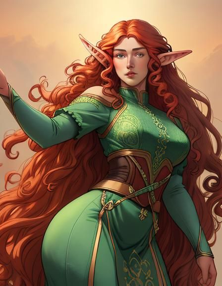 Fantasy Elf with Red Hair in Illustrative Style