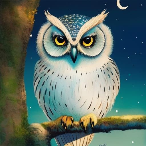 Endearing Owl at Night in Pen and Ink Style