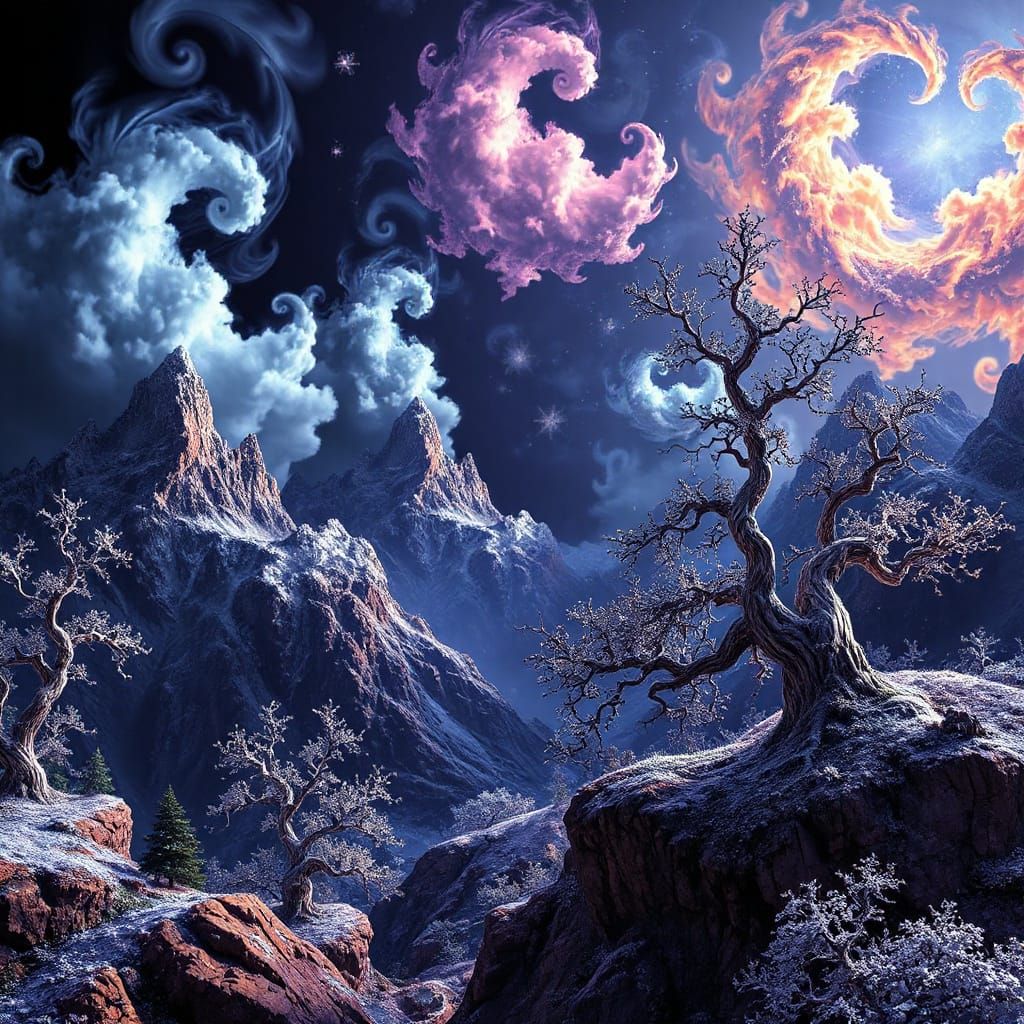Mystical Fractal Realm with Dreamlike Peaks and Swirling Clo...