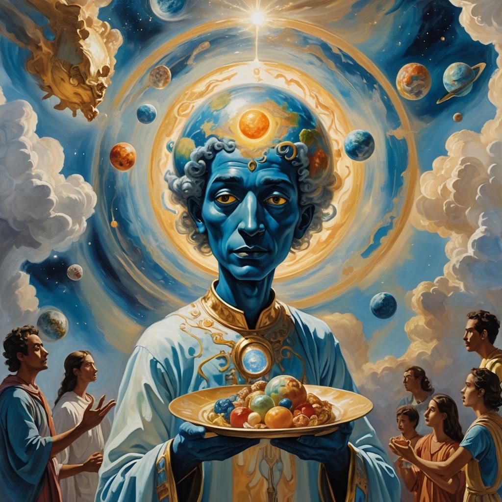 Blue-Skinned God Holding Earth: Surrealist Fauvist Art