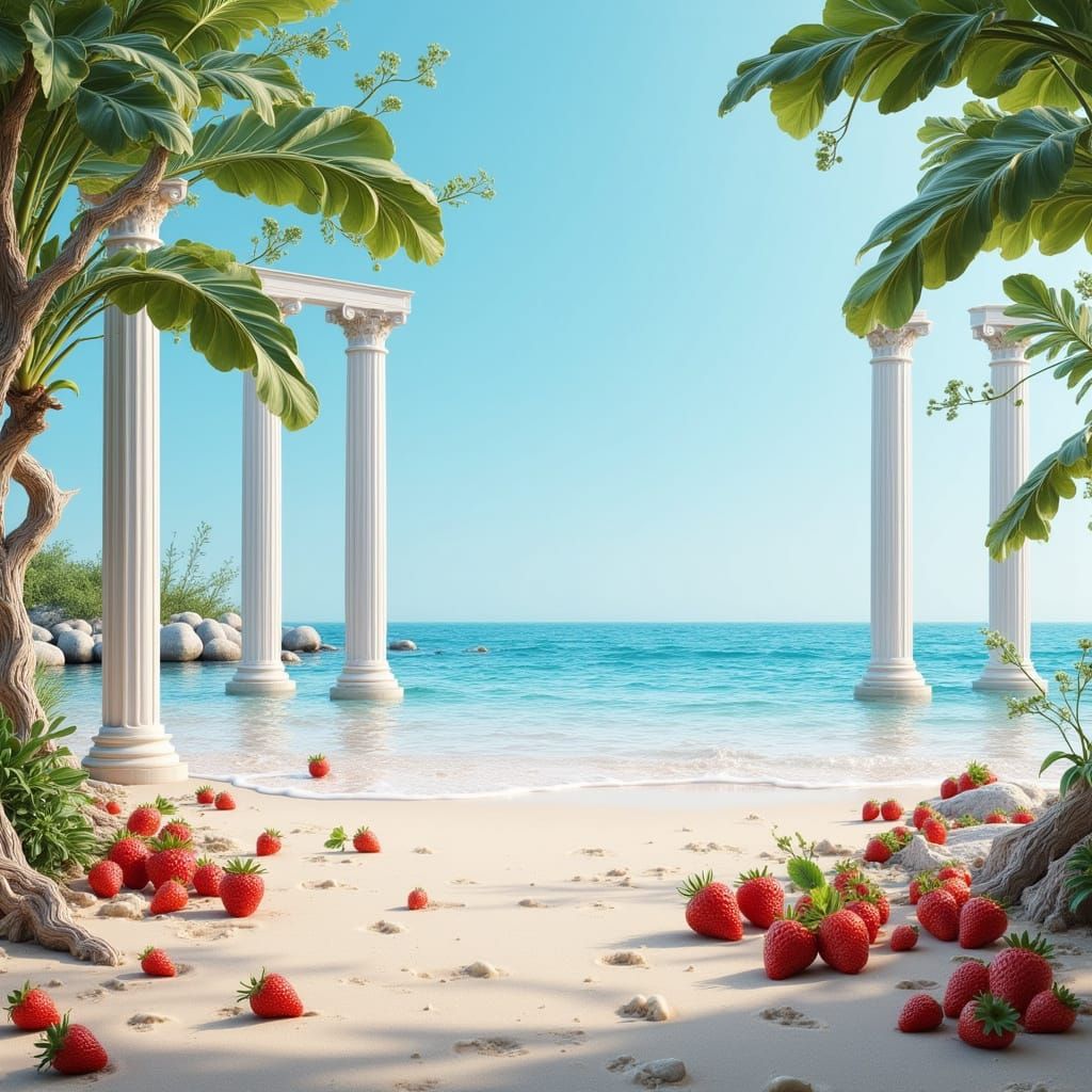 Idyllic Beach with Greek Pillars and Strawberries