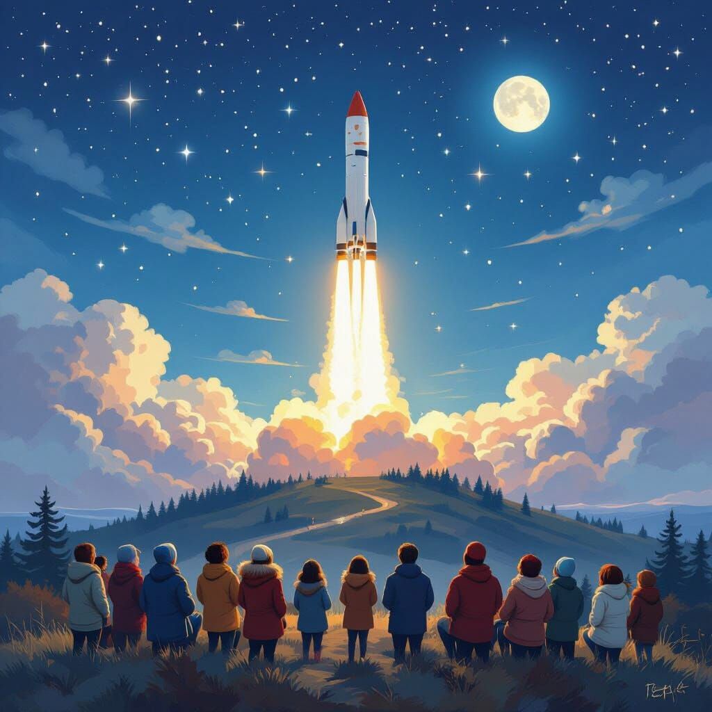 Rocket Launch at Night in Impressionist Style