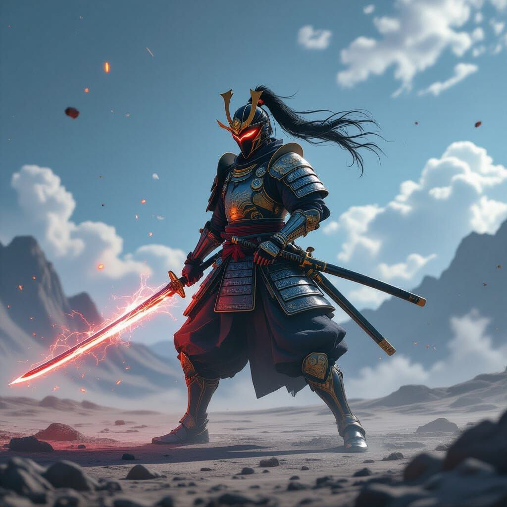 Futuristic Samurai on Cosmic Plateau Ready for Battle
