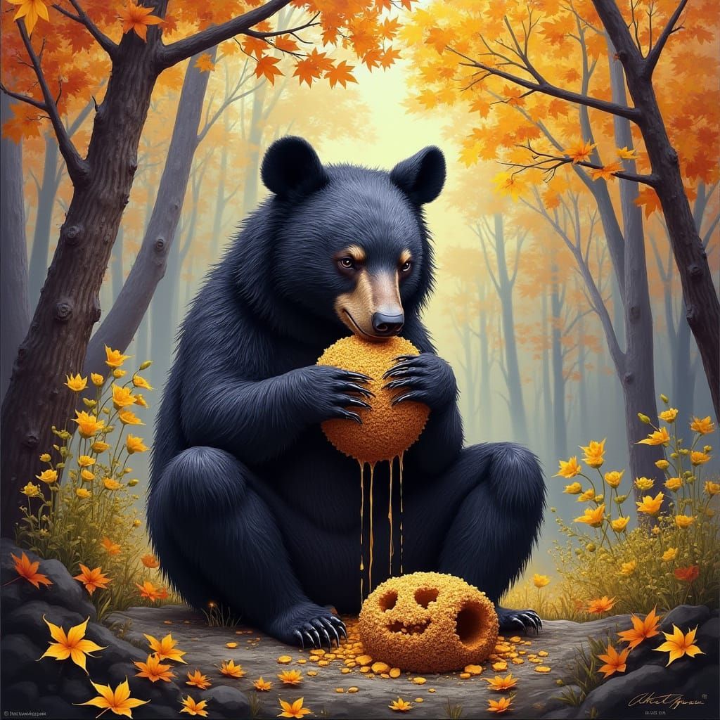 Hyper-Realistic Autumn Bear Feasts on Honey in Ethereal Digi...