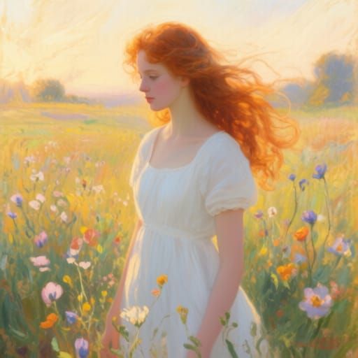 Woman in Wildflower Field at Golden Hour
