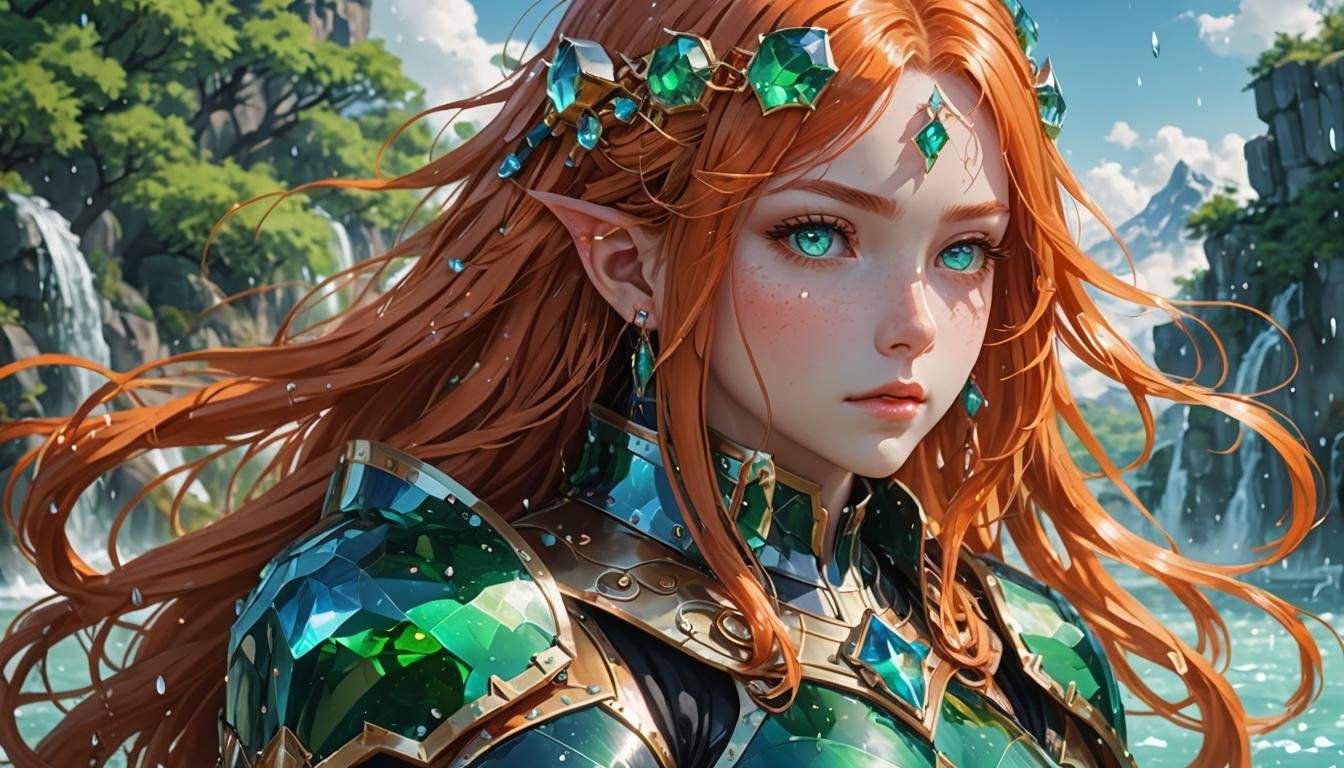 Anime Woman in Emerald Armor with Floating Water