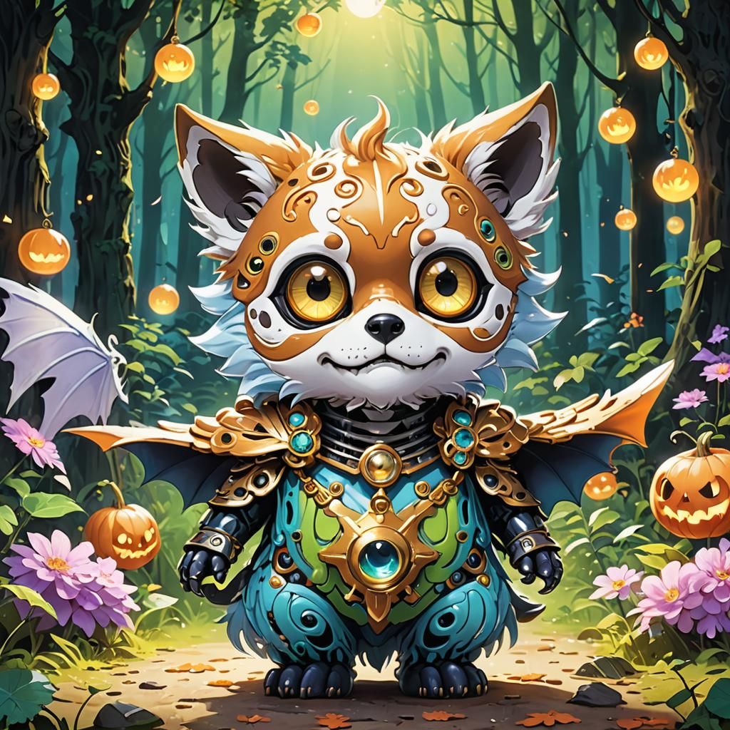 Creepy Cute Chibi Wolf in Psychedelic Forest