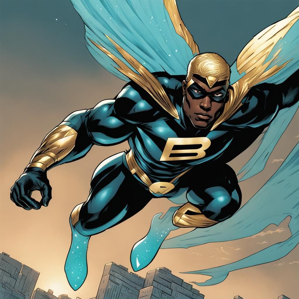 A flying black superhero wearing a black, aquamarine and gold superhero outfit with a capitalized letter B on his chest.