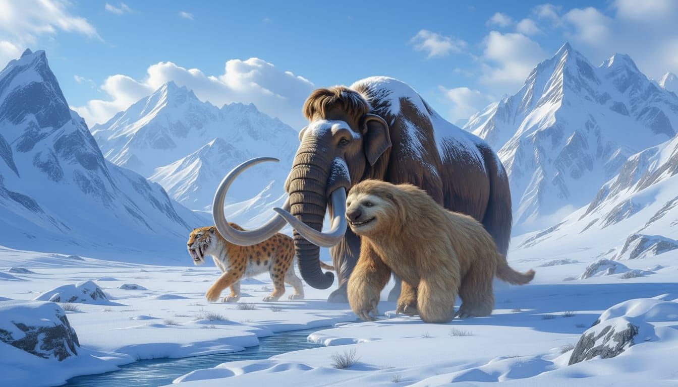 Woolly Mammoth in Snowy Valley, Sunlit Tusks