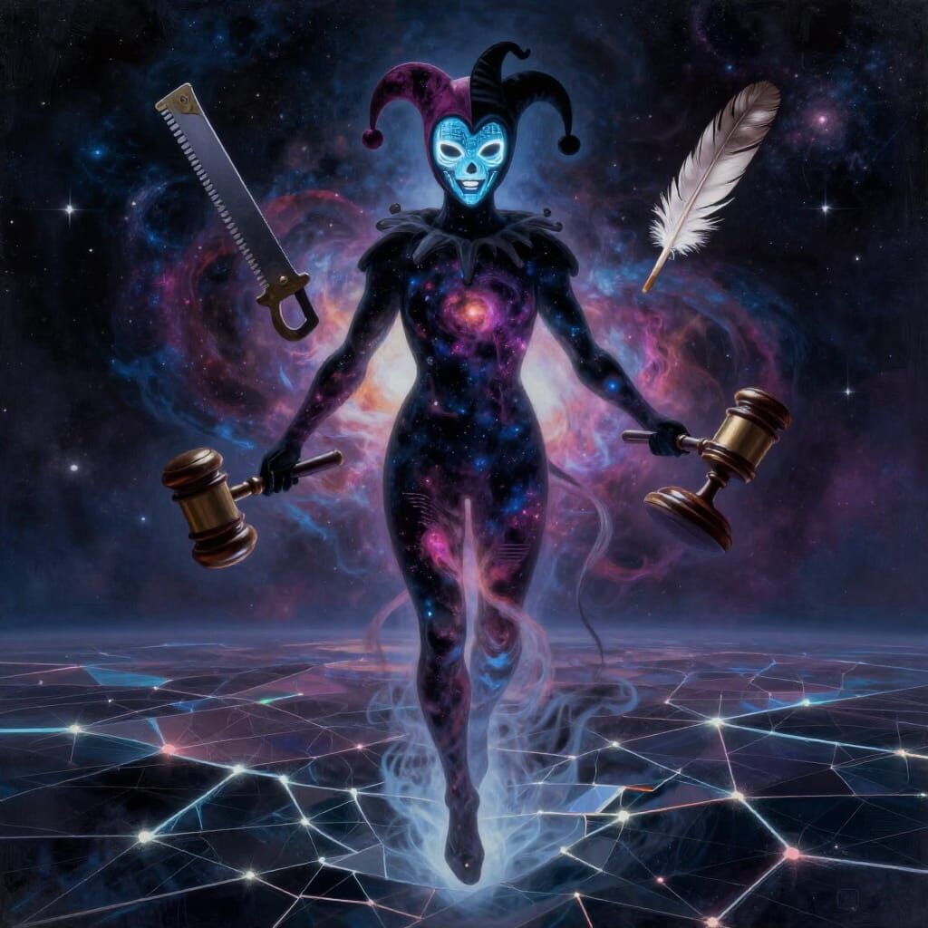 Cosmic Enforcer in Surreal Digital Landscape