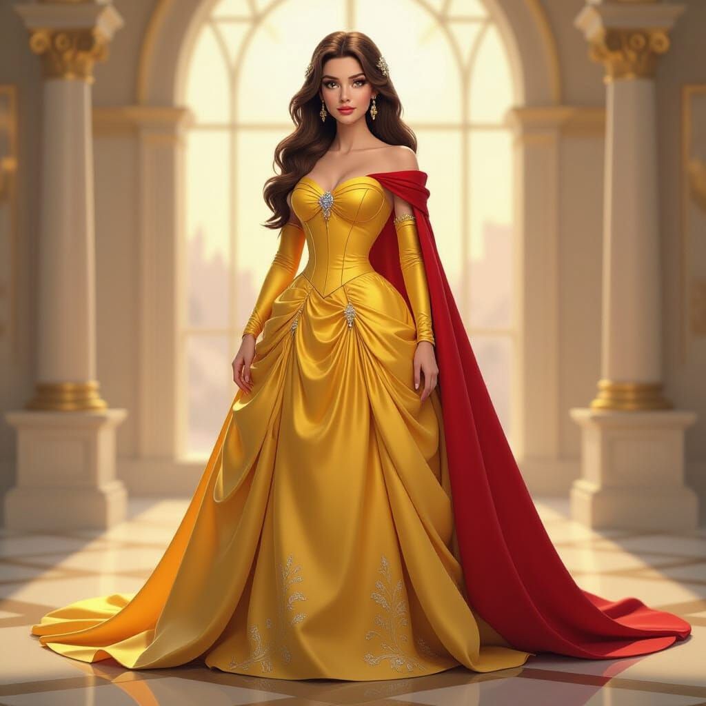 Belle in Sparkly Golden Gown with Red Cape