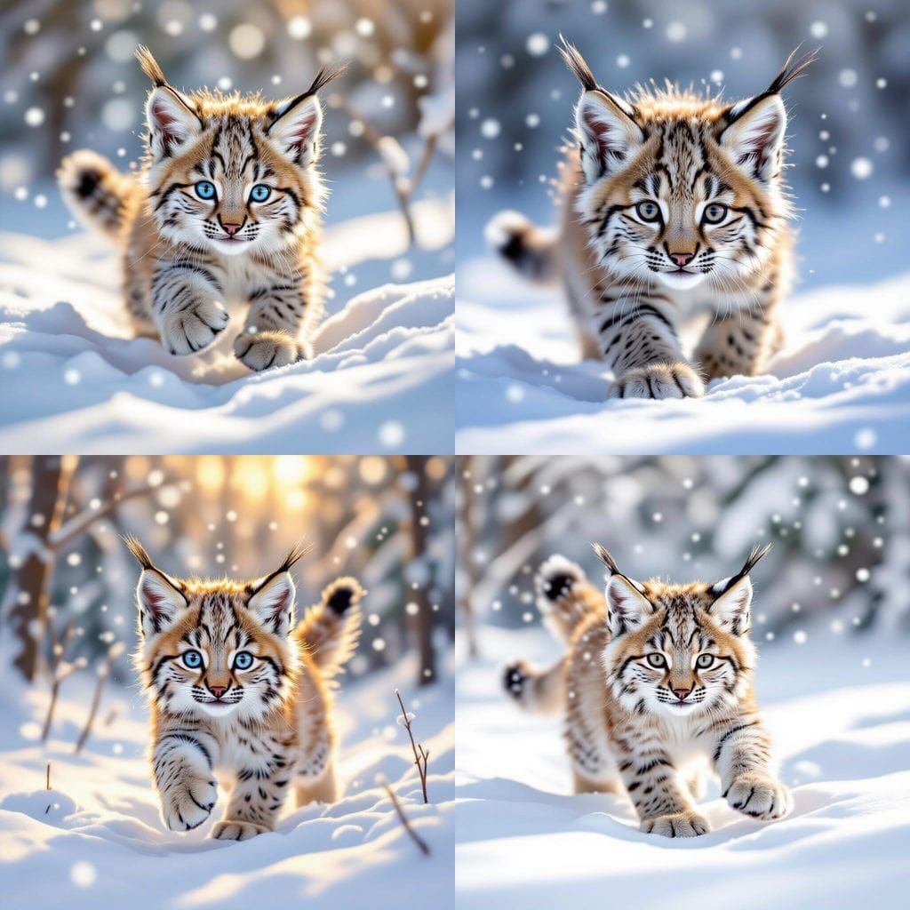 Baby Lynx Playing in Snowy Forest