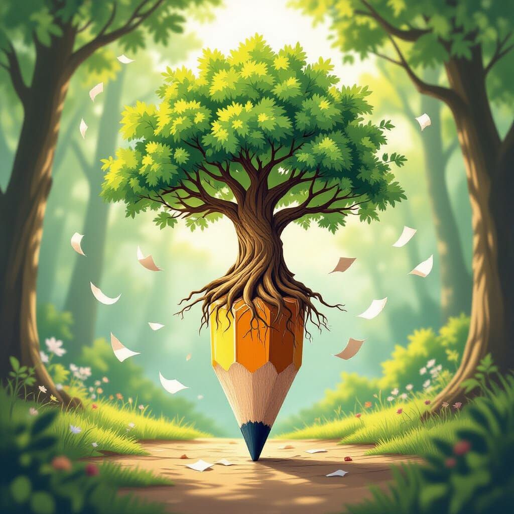 Ancient Tree Grows From Pencil Tip in Magical Forest