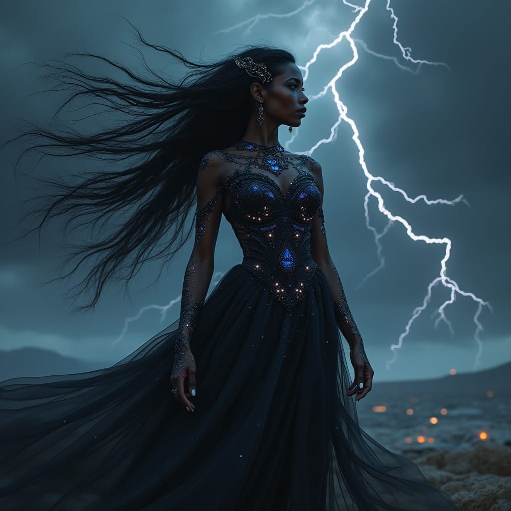 Goddess of Night in Cosmic Storm: Ethereal Fantasy Art