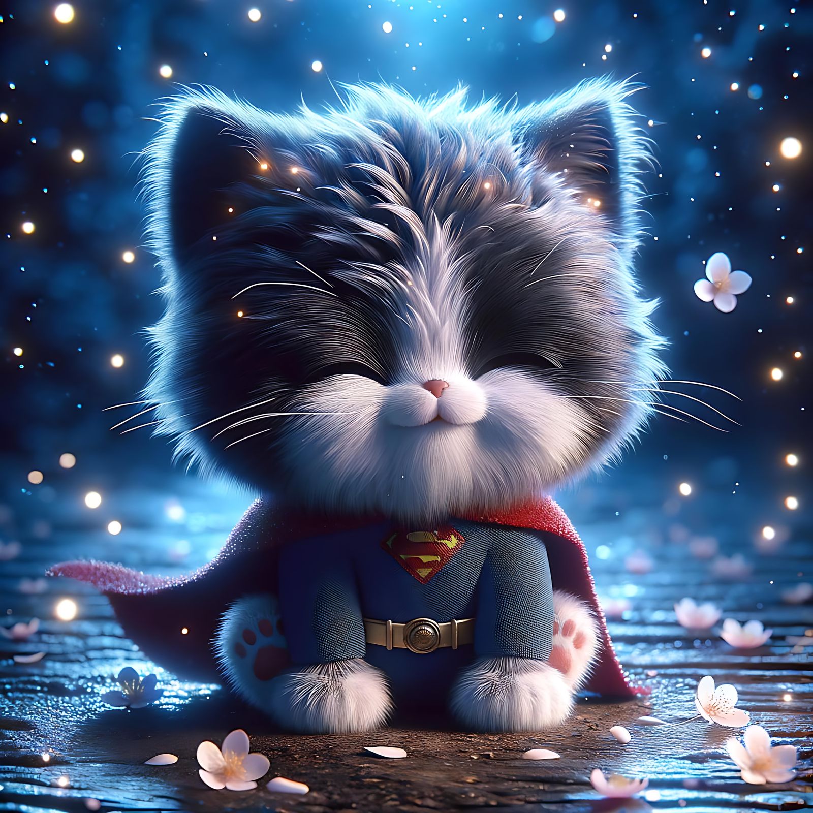 Cute Superhero Cat in Magical Night Scene