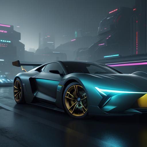 Futuristic Sports Car in Neon Cyberpunk Cityscape