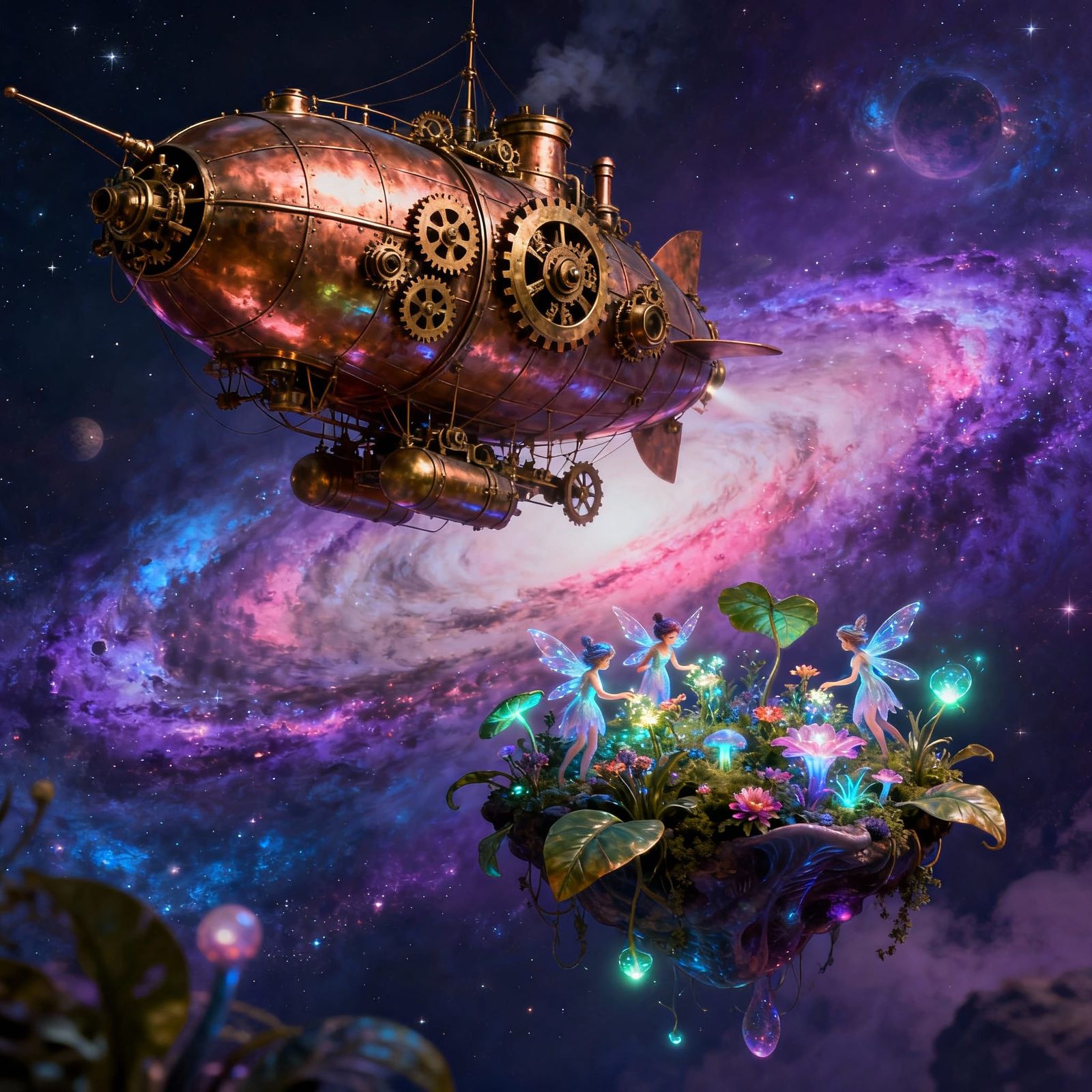 A majestic steampunk airship, adorned with intricate brass gears and polished copper plating, drifts through a nebula of...