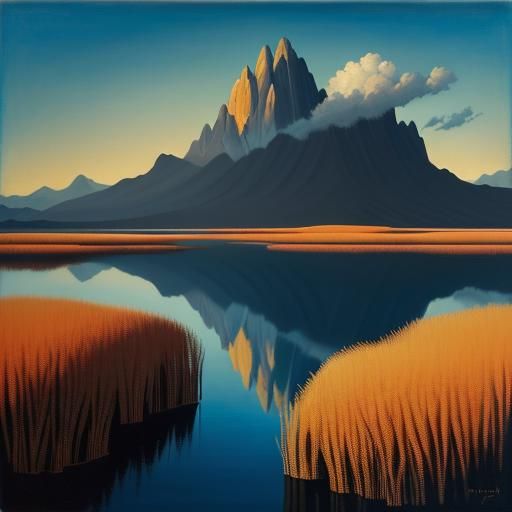 landscape painting with a hidden face in the clouds