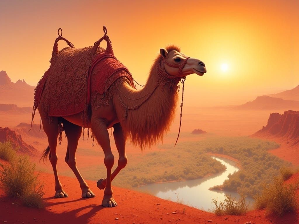 Majestic Desert Camel Mirage in Hyperrealistic Style