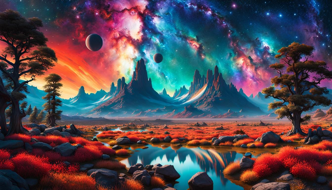 Cosmic Alien Landscape with Bioluminescent Flora