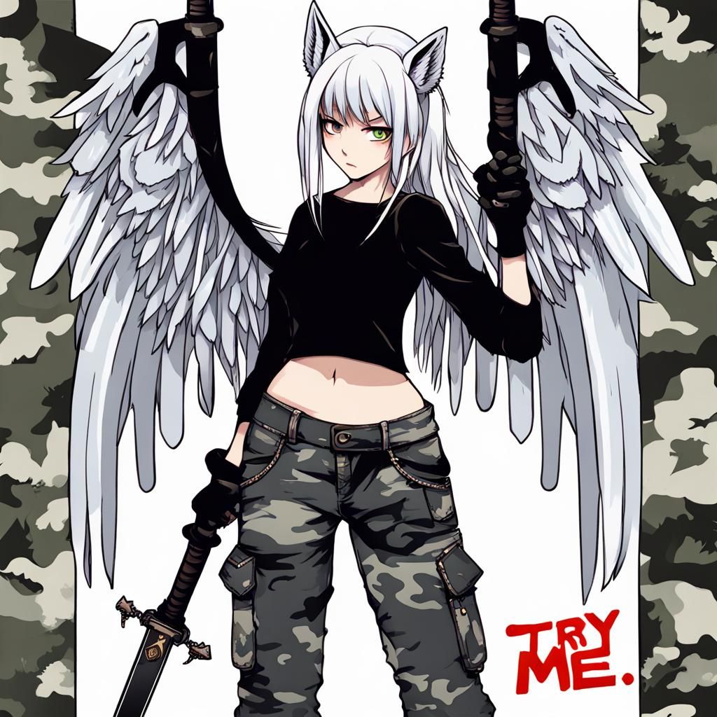 Anime Girl with Sword, Wings and Tail in Pop Art