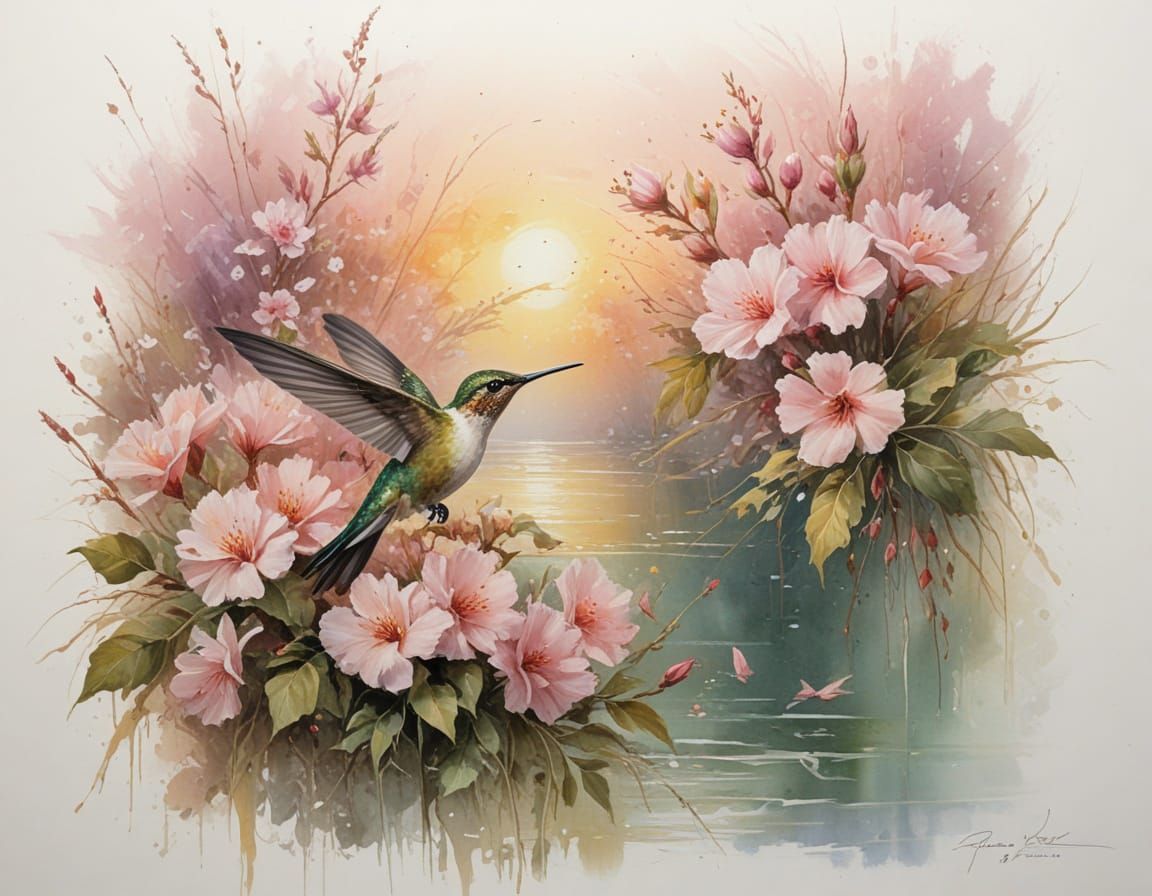 Hummingbird Over Blossom Pond in Twilight Serenity
