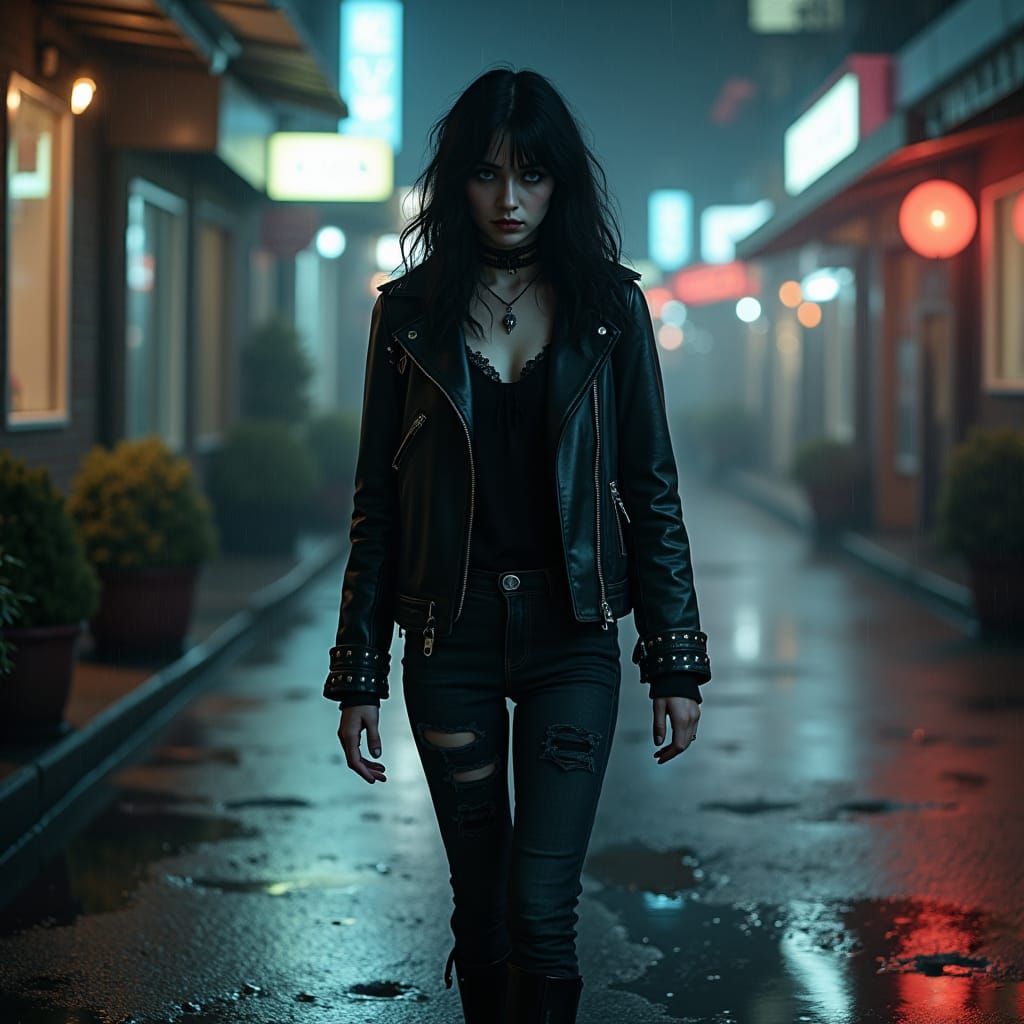 Gothic Girl in Noir Cityscape