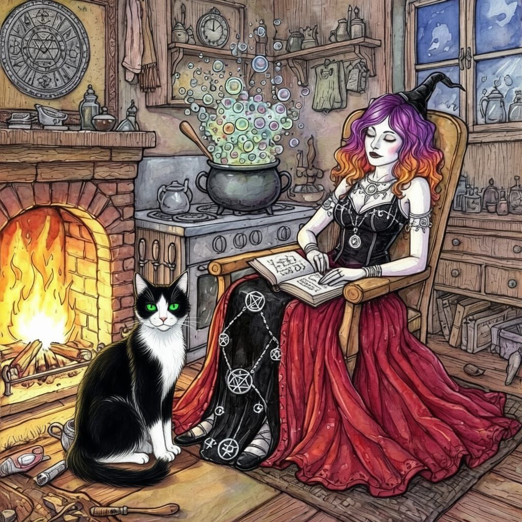 Modern Witch with Purple Orange Hair and Arcane Gown