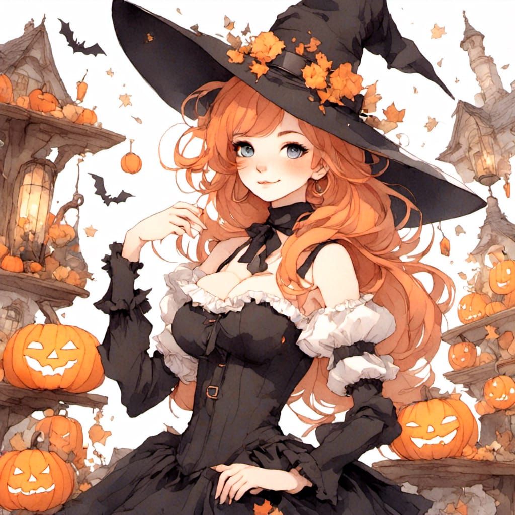 Fox-girl VIXEN wearing a witch costume for Halloween and trick or treating.