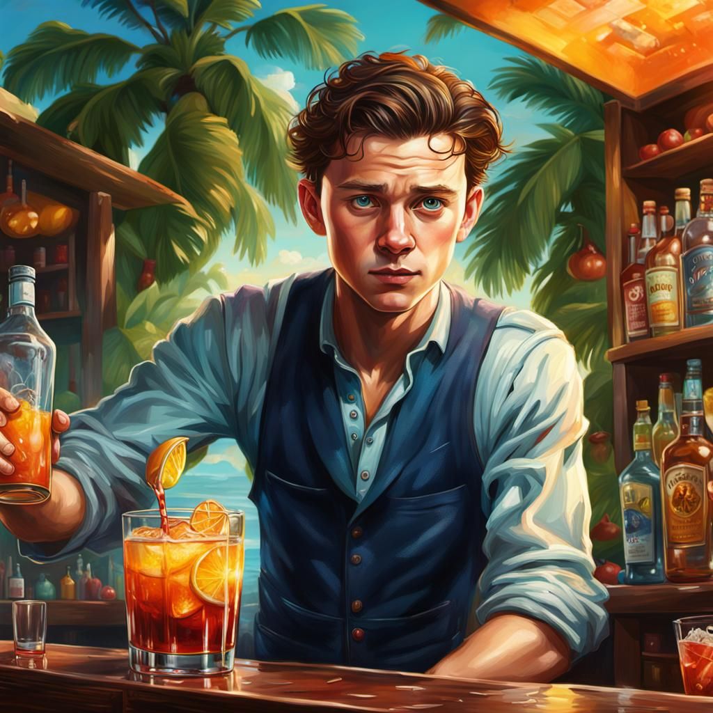 Tom Holland as Bartender: Hyperrealistic Splash Art