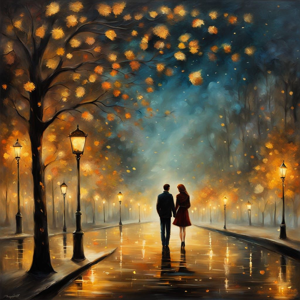 Romantic Autumn Night Scene in Esao Andrews Style