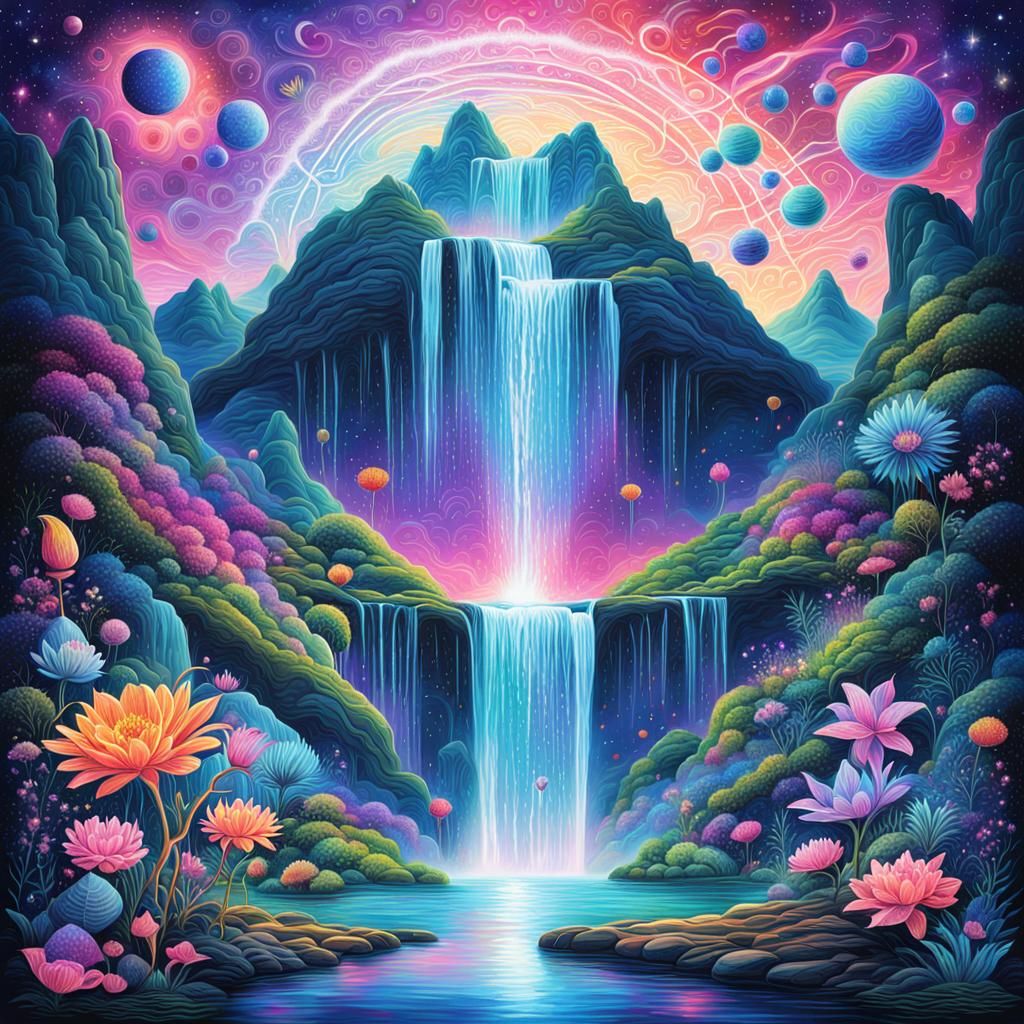 Cosmic Flower Waterfall in Astral Holographic Style