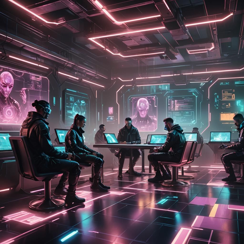 Cyberpunk Data Room with Holograms in Neon Lighting