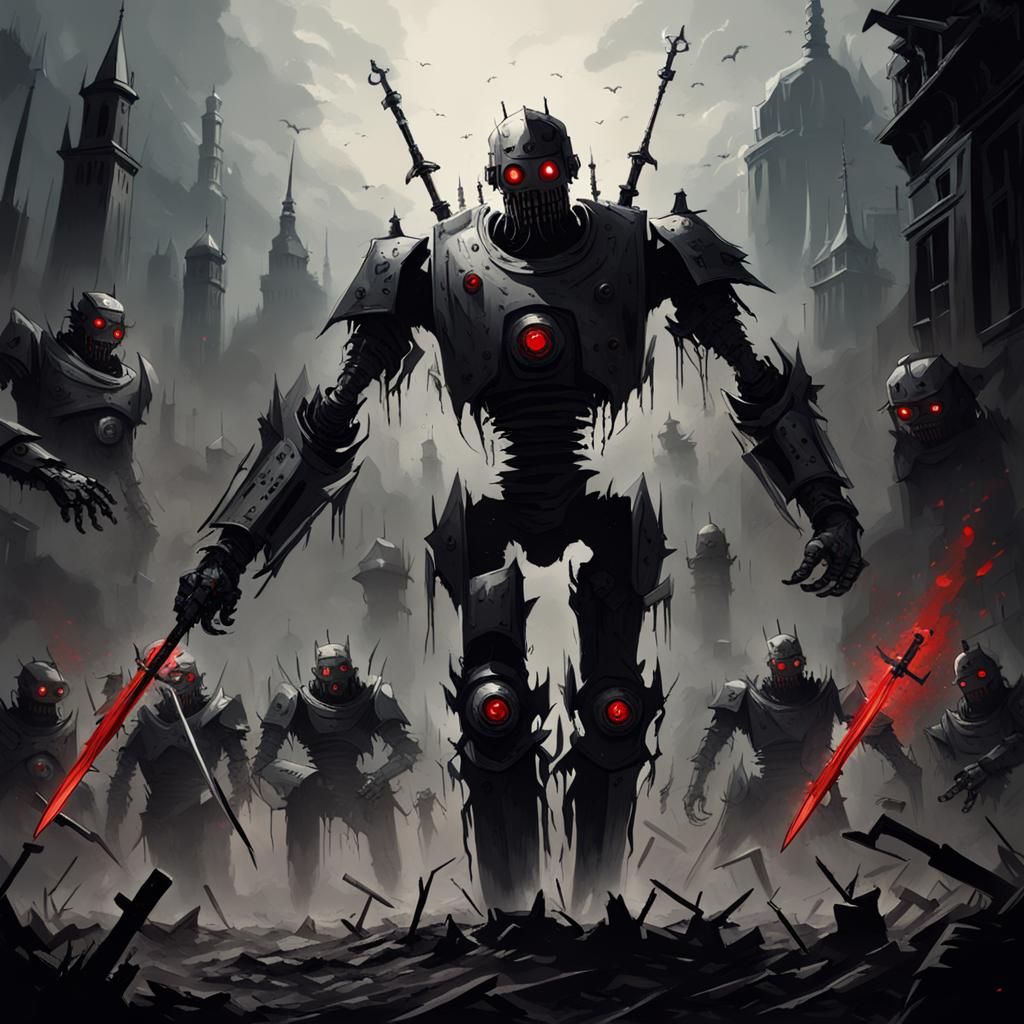 Menacing Robot Army with Knife Hands in Dark Fantasy Style