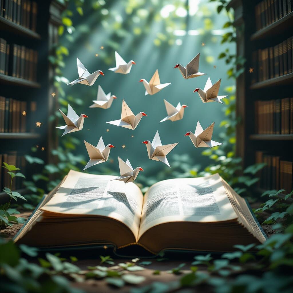 Origami Birds Fly From Ancient Book in Sunlit Library
