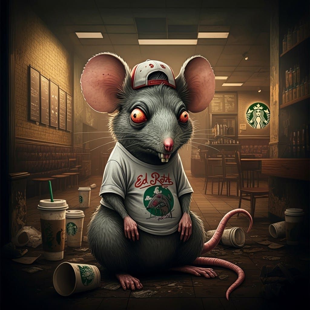 Ratfink Mouse in Starbucks, Ed Roth Illustration
