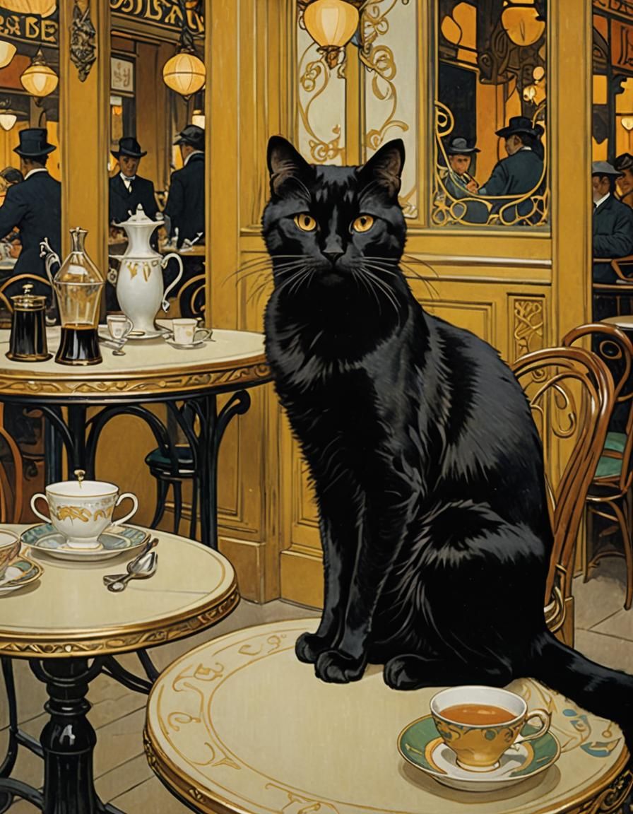 Art Nouveau Black Cat in Parisian Cafe