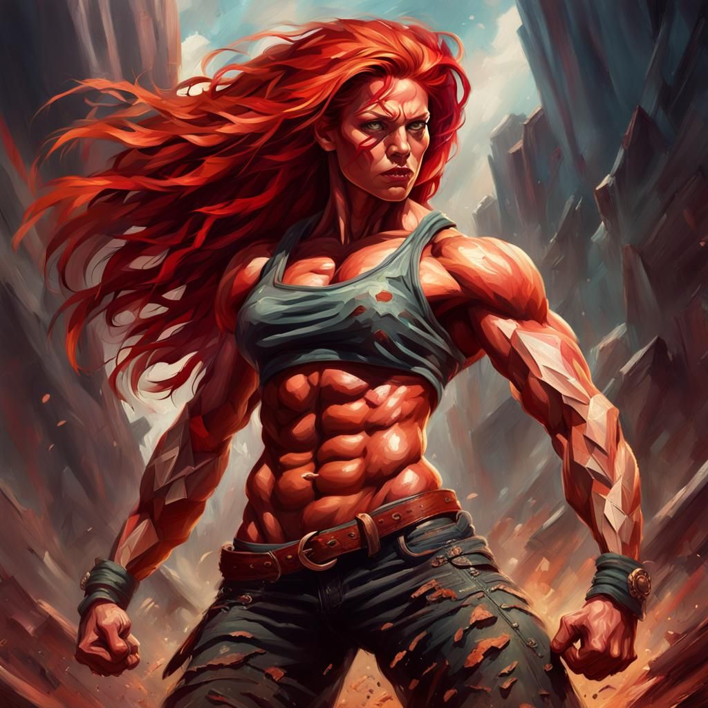 Muscular Redhead Flexing in Vibrant Oil Painting Style