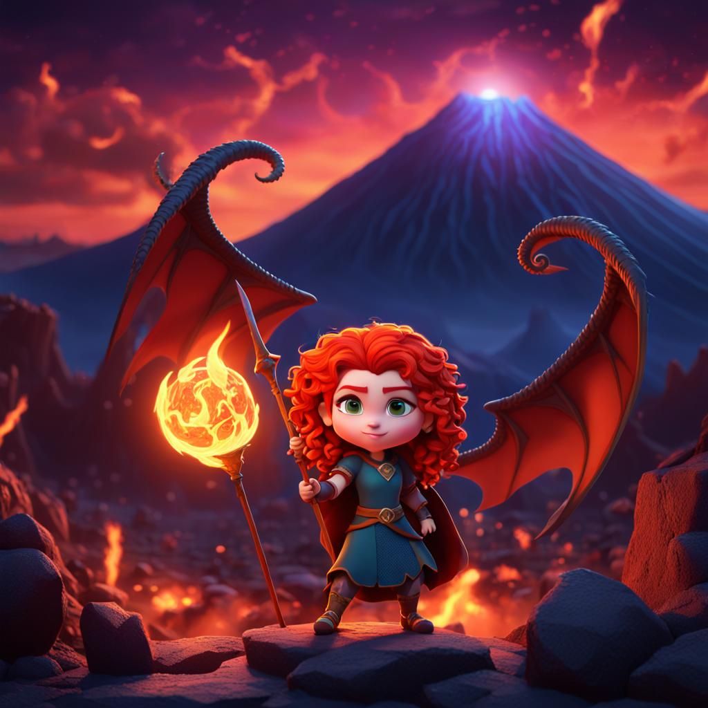 Chibi Merida as Demon with Volcano Background