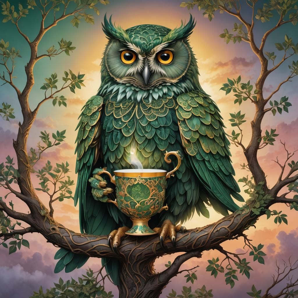 Lace Owl Sipping Tea on Gnarled Branch