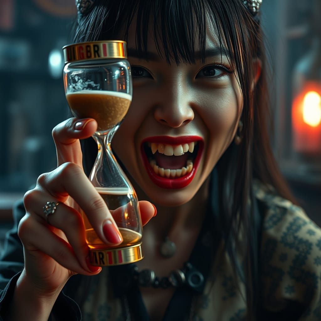 Japanese Vampire Sips Beer in a Dark, Moody Tavern